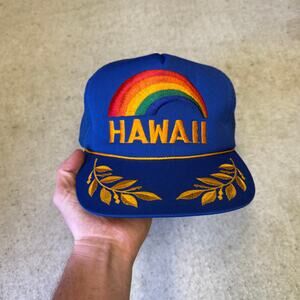 Vintage 80's Hawaii Big Rainbow Blue Gold Roper Trucker Snapback Hat Cap Retro